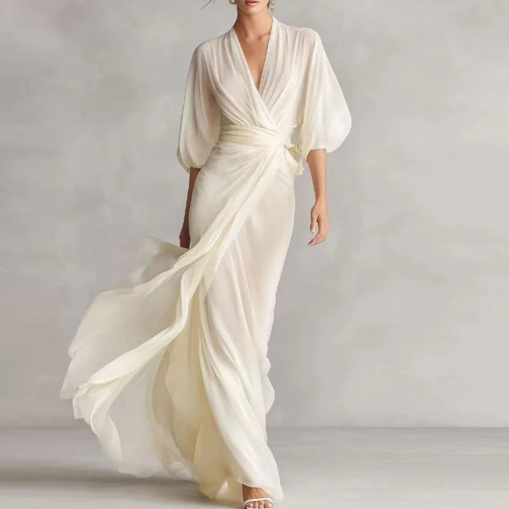 Deep V-Neck Raglan Sleeves Waist Long Dress